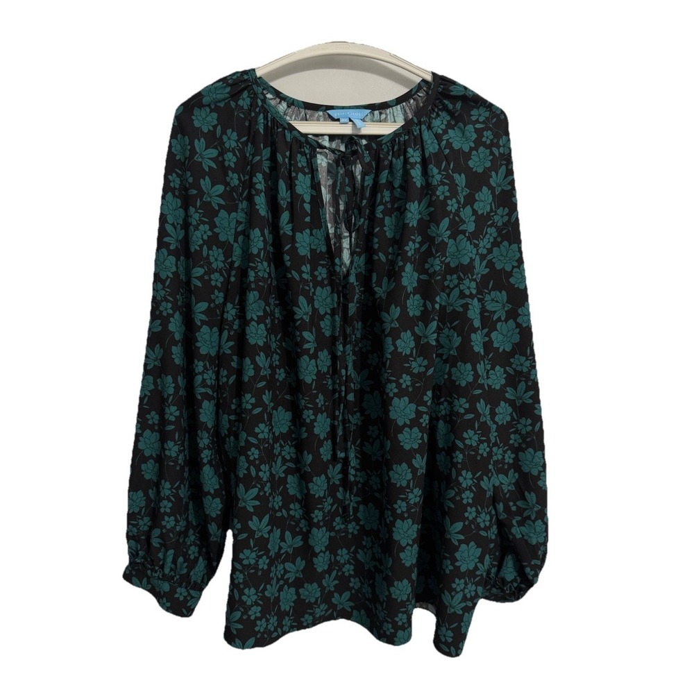 DRAPER JAMES Size 3X Long Sleeve Green Black Dressy Top Blouse Long Sleeve